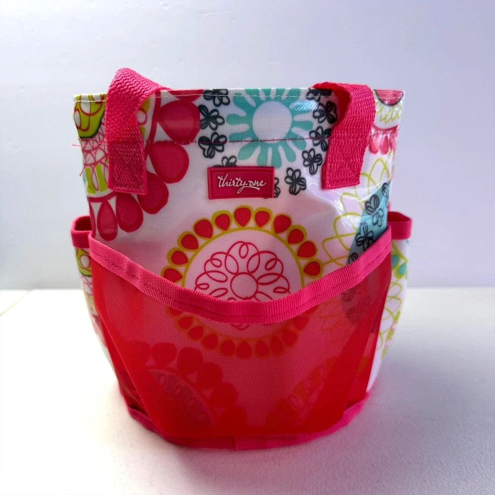 Thirty-One Littles Carry-All Caddy Pink Floral Mesh Pocket Mini Shower Tote